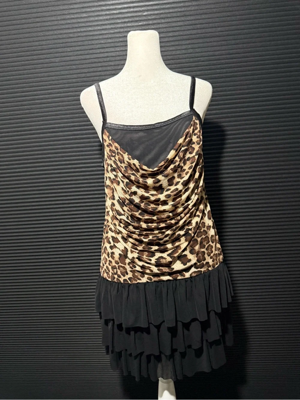 Leopard Print Cowl Neck Slip Dress with Black Tiered Skirt